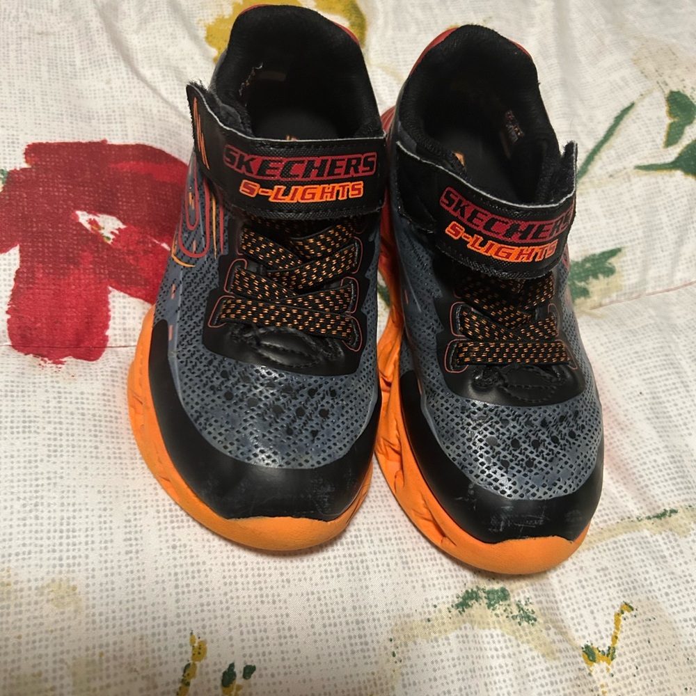 Skechers Kids' S-Lights Black and Orange Sneakers